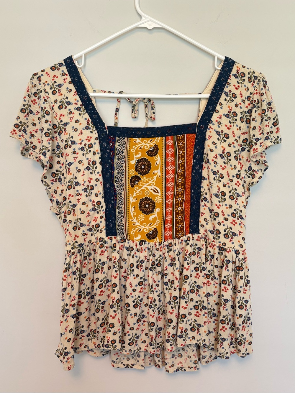 Maurices Floral Boho Peplum Blouse Mixed Pattern Trim Flutter Sleeve Size M